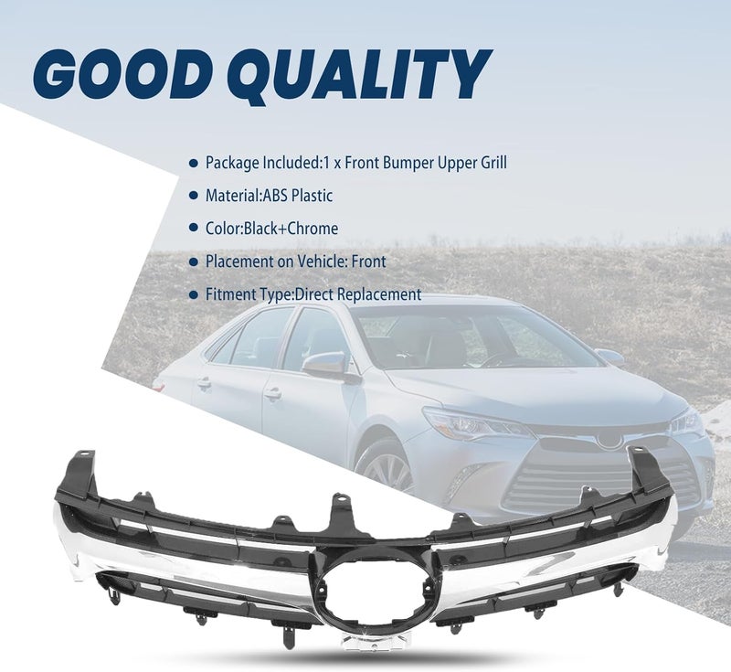 Kspeed Front Bumper Upper Grille for 2015 2016 2017 Toyota Camry LE SE XLE XSE, Black and Chrome Front Upper Grill Replace for 5310106411 TO1200377 - Image 5